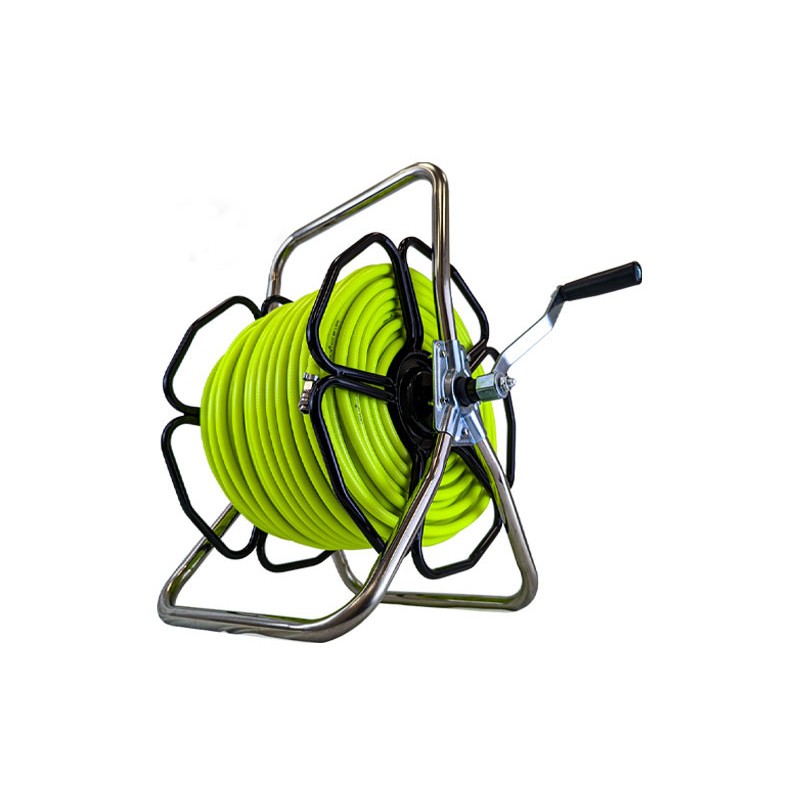 Stainless Steel Freestanding Hose Reel w/ 100m 8mm HIVIZ Hose & Fittings - assembled